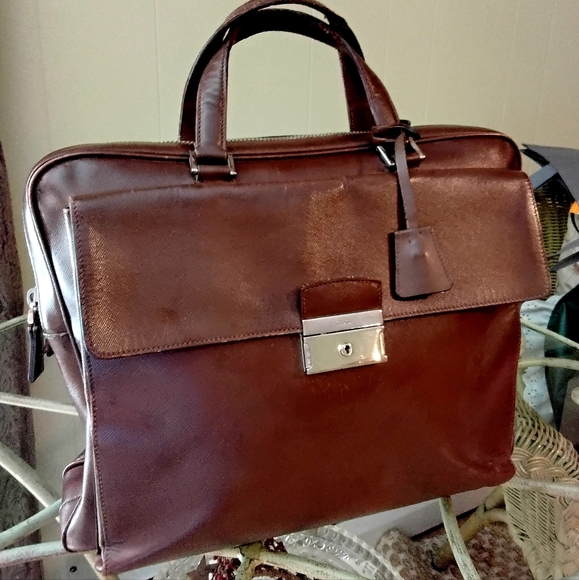 PRADA Leather Briefcase Chocolate Brown Unisex Saffiano VINTAGE - Picture 17 of 17